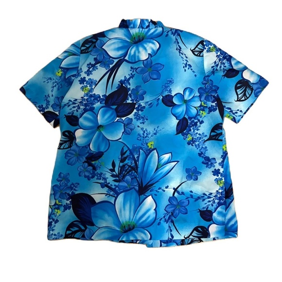 Vintage 1970's Made In Hawaii Floral Print Tropical Shirt Sz 16 Blue Ruffle - Picture 2 of 4